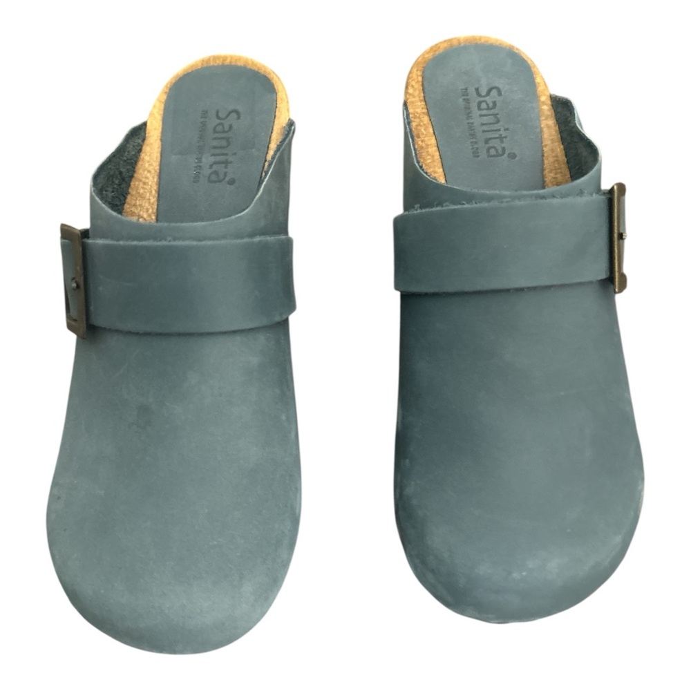 Sanita Teal Blue Leather Clog Mules